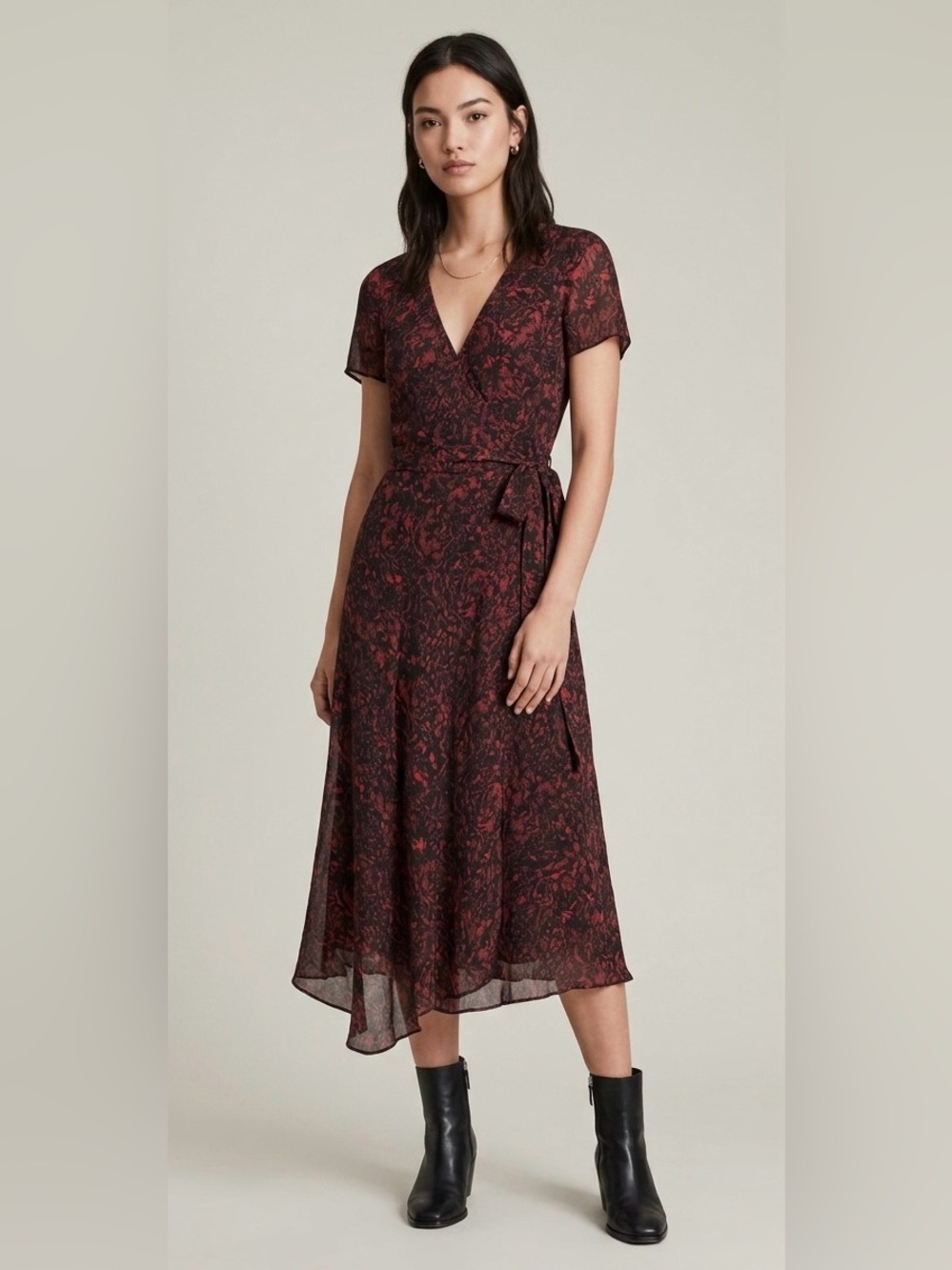 AllSaints‎ Seeta Rosey Berry Red Floral Short Sleeve Wrap Midi Dress Size S NWT